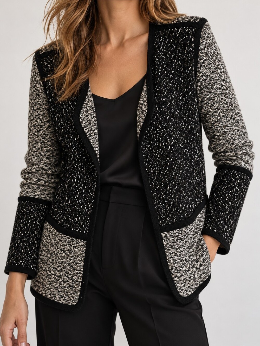 Vince Black & White Bouclé Open Front Knit Cardigan Jacket Size Medium
